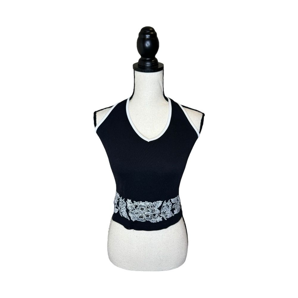 Y2K Venus Black & White Halter Top with Butterflies + Flowers Size Large